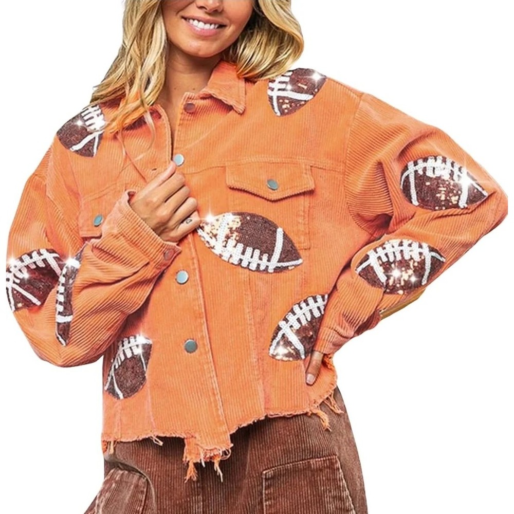 BiB!‎ Womens Orange Corduroy Football Sequin Patch Raw Hem Jacket XL Gameday